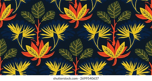 Padrão floral estilizado em amarelo e vermelho sobre fundo escuro com pétalas de fogo de artifício abstratas. Ótimo para papel têxtil, papel de parede e papel de embrulho