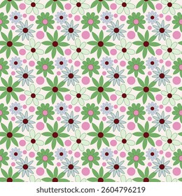 Stylized Floral and Pink Circle Pattern on Light Green Background