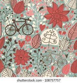 Stylized floral seamless pattern with bikes