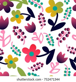 Stylized floral seamless pattern in bright colors. Doodle style. Vector illustration on white background.