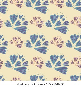 Patrón de acero floral estilizado con siluetas de contorno floral. Formas botánicas púrpura con contorno rosa y azul sobre fondo claro. Para papel pintado, textil, envoltura, tela. Ilustración vectorial.