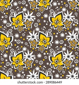 Stylized floral seamless pattern on a light brown background.