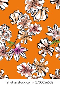 stylized floral seamless pattern with orange background and vivid color