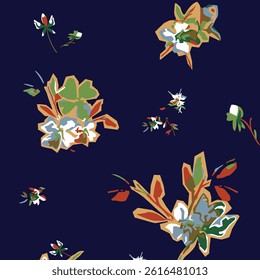 Stylized Floral Seamless Pattern for Textile Print for Fabric, Elegant Botanical Design on Navy Background