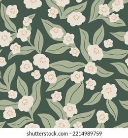 Stylized floral seamless pattern. Vector flower texture. Vintage botanical fabric or wallpaper design. Retro white flowers on neutral green background.