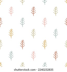 Stylized floral seamless vector pattern with cute fir tree twigs. Vintage hand drawn background for kids room decor, nursery art, gift, fabric, textile, wrapping paper, wallpaper, packaging, apparel.