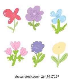 Conjunto floral estilizado con tulipanes vibrantes, margaritas alegres y gerberas elegantes. Ideal para su uso en invitaciones de temporada, carteles y papelería decorativa.