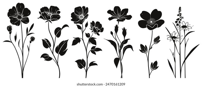 Stilisierte Blumensilhouetten Kollektion: Schwarze Blume und Pflanzenkonturen auf weißem Hintergrund, ideal für minimalistische Designs und künstlerische Projekte