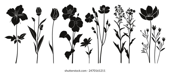 Stylized Floral Silhouettes Collection: Black Flower and Plant Outlines on White Background, Perfect for Minimalist Designs and Artistic Projects