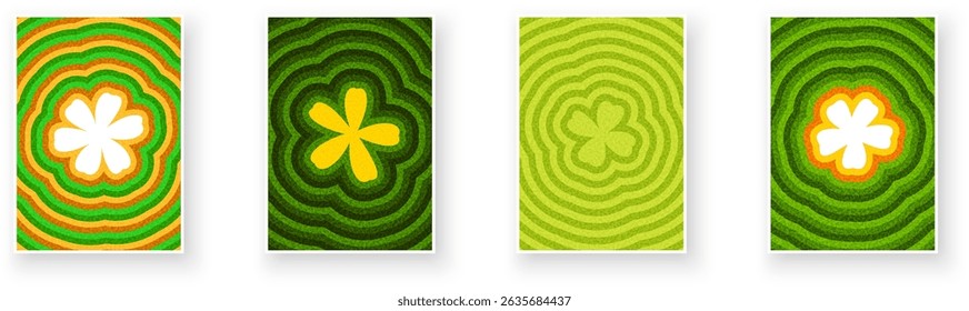 Stylized floral silhouettes in vibrant greens and yellows with radiating waves. Vector illustration.