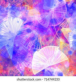 Stylized floral texture with pink and blue colors. Seamless pattern. Abstract vector background for web page, banners, fabric, home decor, wrapping, boho design. Watercolor effect. 