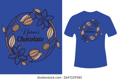 Um design de coroa floral estilizado com vagens de chocolate e o texto "Chocolate da Natureza" é apresentado em um fundo azul e uma camiseta.