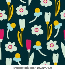 Stylized florwers seamless pattern. Hand drawn vector illustration. Colorful  and trendy.
