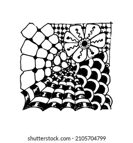 Stylized flower and abstract doodle pattern on white background. Decorative element for design. Black contour drawing by hand