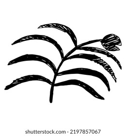 Stylized flower. Blooming branch. Hand drawn linear doodle rough sketch. Black silhouette on white background.