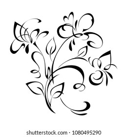 stylized flower bouquet with leaves in black lines on white background