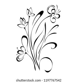 stylized flower bouquet with leaves in black lines on a white background