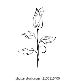 stylized flower bud on a high stem with leaves and curl in black lines on a white background