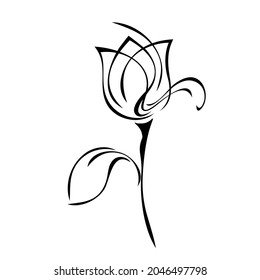 stylized flower bud on a stem with a single leaf in black lines on a white background