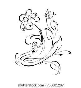 stylized flower with buds in black lines on a white background