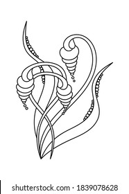Flores estilizadas sobre tallos finos y hojas , ilustración floral . Estilo dibujado a mano por vectores. Colores de libros para adultos y niños.