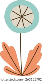 A stylized flower with circular petals and geometric leaves in a minimalist style. The flower features a simple stem and abstract leaf shapes. Cartoon vector illustration.