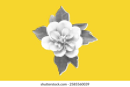 A stylized flower design in black and white, set against a bright yellow background. The flower features large petals and leaves, creating a bold contrast with the vibrant backdrop.