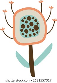 A stylized flower with a dotted center and branching stems in a minimalist style. The plant features unique shapes and patterns creating a modern look. Cartoon vector illustration.