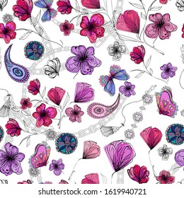 stylized flower elements, paisley, butterflies, chains, abstract design for textile texture, seamless pattern