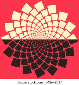A stylized flower emerging from water, or a rising sun on the horizon, in a black, red, and ivory color palette.

