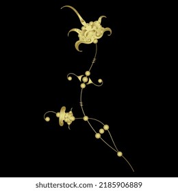 Stylized flower. Fantastic blooming branch. Medieval floral motif. Illuminated manuscript style. Golden glossy silhouette on black background.