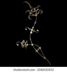 Stylized flower. Fantastic blooming branch. Medieval floral motif. Illuminated manuscript style. Hand drawn linear doodle rough sketch. Golden silhouette on black background.