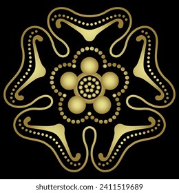 Stylized flower with five petals. Medieval floral design. Botanical mandala. Black and gold silhouette.