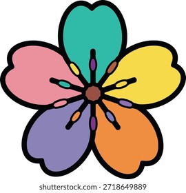 Una flor estilizada con cinco pétalos redondeados en verde azulado, amarillo, púrpura y naranja. Los contornos negros definen las Formas y un centro marrón.