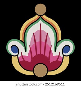Stylized flower in folk style. Medieval Russian floral motif. Abstract symmetrical design. On black background.
