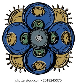 Stylized flower with four petals. Medieval Gothic floral mandala. Hand drawn colorful rough sketch.