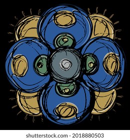 
Flor estilizada con cuatro pétalos. Mandala floral gótica medieval. Dibujo a mano en un bosquejo colorido. Sobre fondo negro.