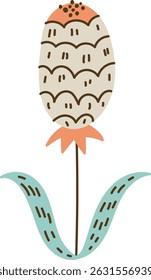 A stylized flower with geometric patterns and a single stem. The abstract floral design features unique shapes and decorative elements. Cartoon vector illustration.