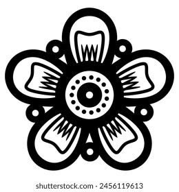 Stylized flower. Geometrical floral design. Folk style. Black and white silhouette.