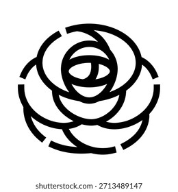 Icono floral estilizado que presenta un diseño floral compacto con líneas negras gruesas y una estética minimalista sobre un fondo blanco, que representa la belleza y la naturaleza