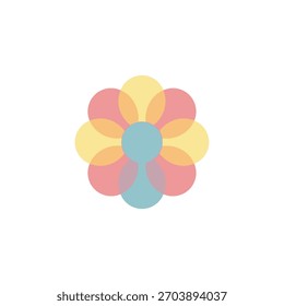 Una ilustración estilizada de flores con círculos traslúcidos superpuestos en amarillo, rosa, naranja y azul.