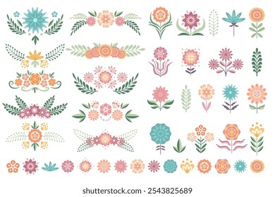 Stylized flower illustrations and dividers with leaves are creating a festive atmosphere, bringing joy and celebration with vibrant colors and folk art aesthetics