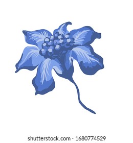 Stylized flower isolated on the white background. Iris.  Vector illustration for greeting, wedding, floral design. Ornate. Indigo, blue colors