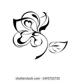 stylized flower with large petals on a short stem with one leaf in black lines on a white background