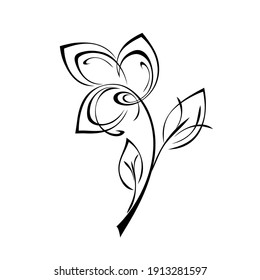 stylized flower with large petals on a short stem with leaves in black lines on a white background
