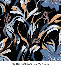 stylized flower and leaf patterns in shades of blue, white and orange on a black background