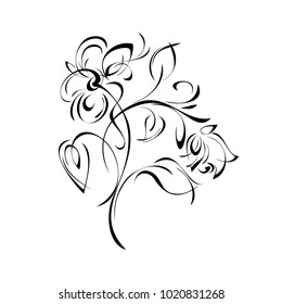 stylized flower with leaves and Bud in black lines on white background