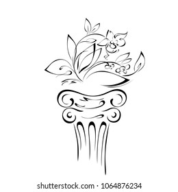 stylized flower with leaves on a pedestal in smooth black lines on a white background