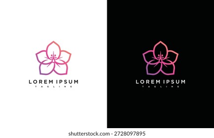 Un diseño de logotipo de flores estilizado presentado en esquema de doble color sobre fondos contrastantes desde un punto de vista sencillo