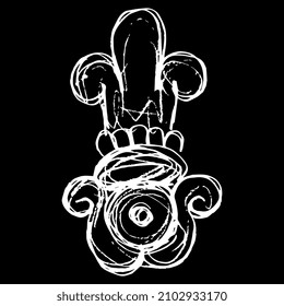 Stylized flower. Native American design of Aztec Indians from Mexican codex. Abstract geometrical ornament. Hand drawn linear doodle rough sketch. White silhouette on black background.